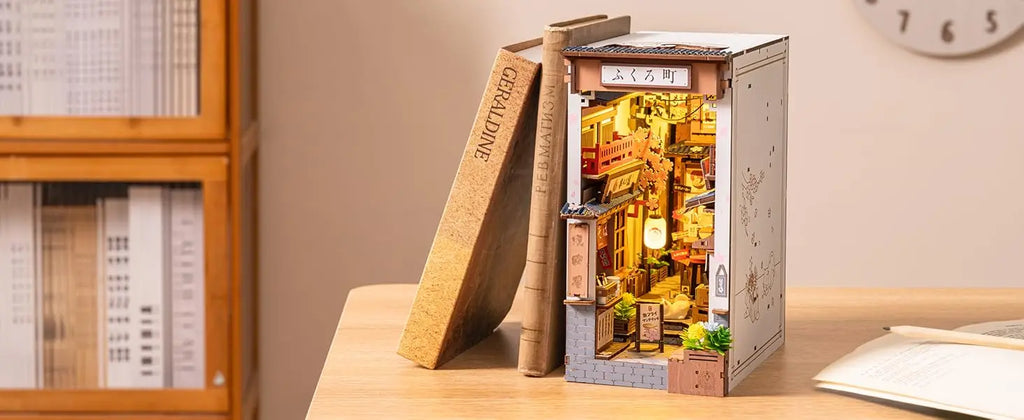 Robotime Sakura Wine Alley DIY Booknook con luces DIY casa de muñecas en miniatura Kit 3D rompecabezas de madera sujetalibros estantería decoración regalo