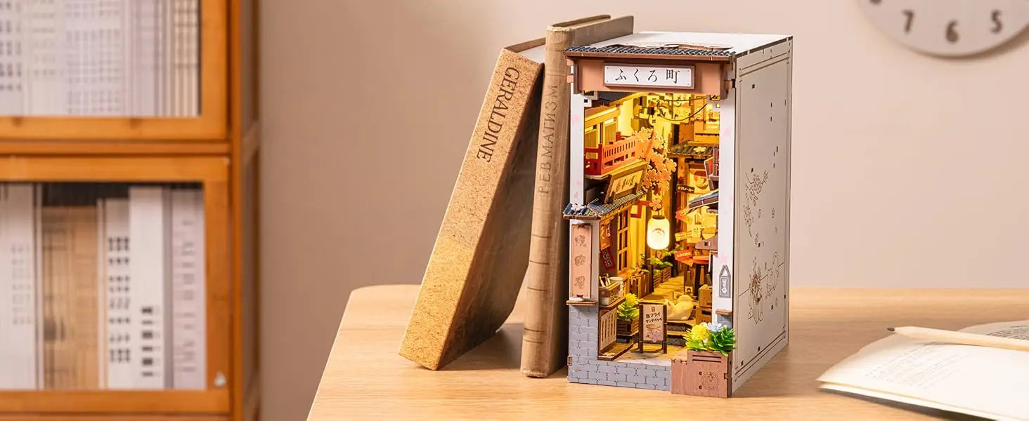 Robotime Sakura Wine Alley DIY Booknook con luces DIY casa de muñecas en miniatura Kit 3D rompecabezas de madera sujetalibros estantería decoración regalo