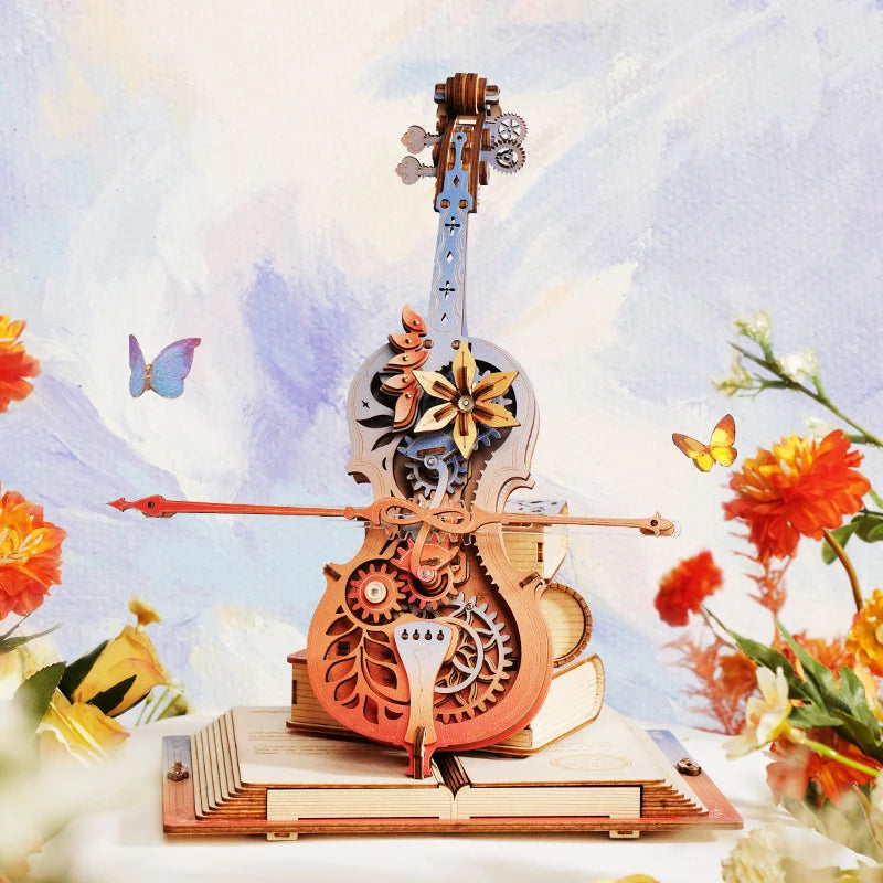 Robotime-violoncillo mágico para adultos, rompecabezas 3D, caja de música de madera, rompecabezas para construir música única, regalo, Kits de Hobby, caja de música Cat's Sky City