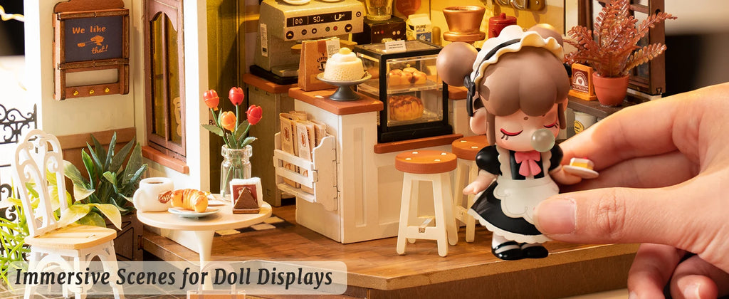 Robotime-casa de muñecas de madera para niños y adultos, conjunto de construcción con muebles en miniatura, LED, café NO.17