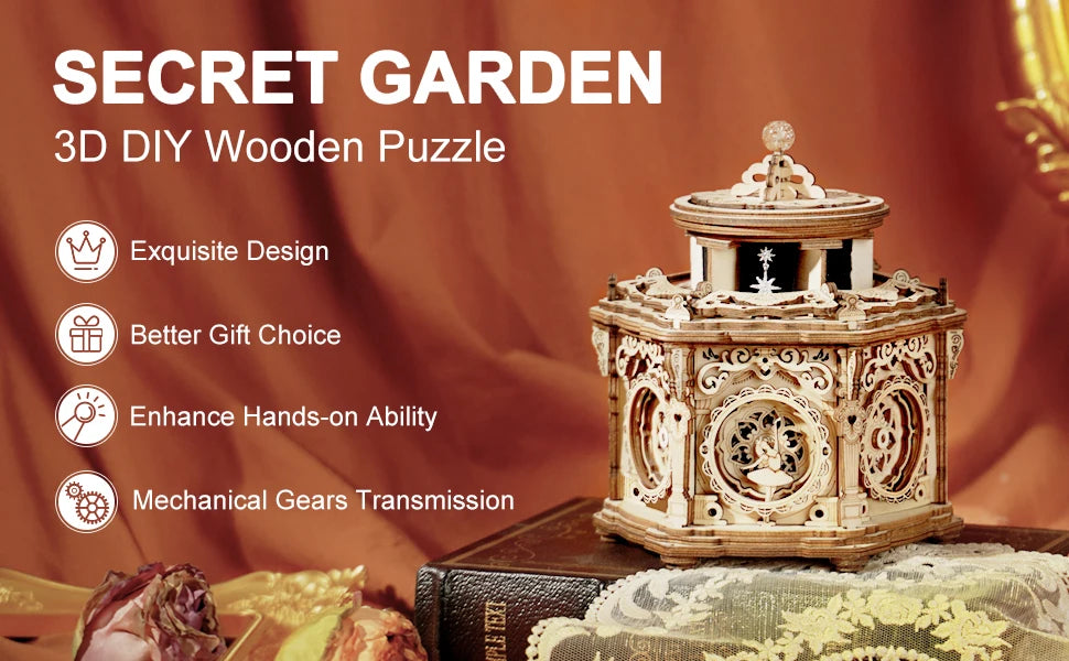 Robotime Secret Garden-Kit de caja de música mecánica, caja de rompecabezas de madera 3D para adultos, proyecto de construcción de autoensamblaje