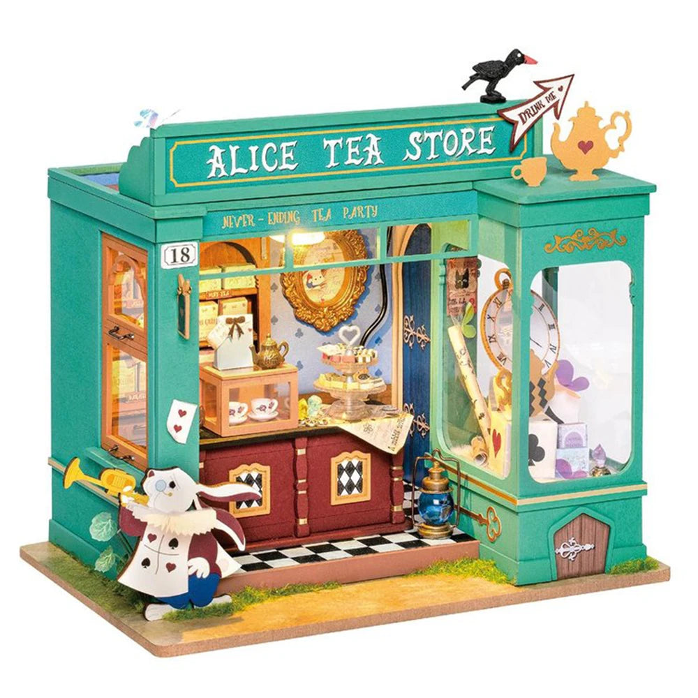 Robotime Rolife-casa de muñecas educativa, Kit de casa en miniatura DIY, casa de muñecas de madera, tienda de té de Alicia, regalos para niñas