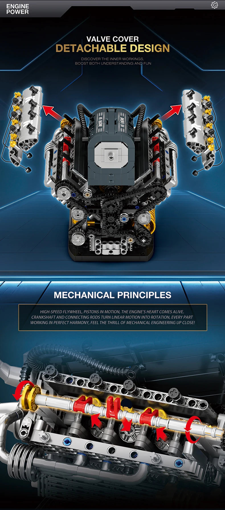 Set de Bloques de Construcción de Motor V6 con Soporte, Adorno Coleccionable para Escritorio