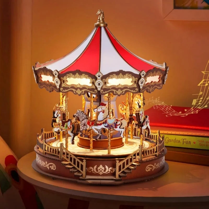 Robotime-carrusel de rompecabezas de madera 3D, caja de música con luces LED, modelo de engranaje, Kits de artesanía de construcción, regalos de navidad para adultos