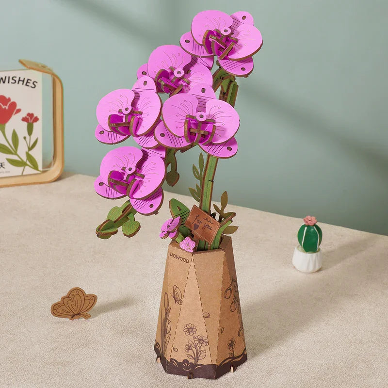 Robotime DIY flor de madera polilla púrpura flor de orquídeas tulipán rosa manzanilla artesanías flor de madera regalo para mamá esposa amigos