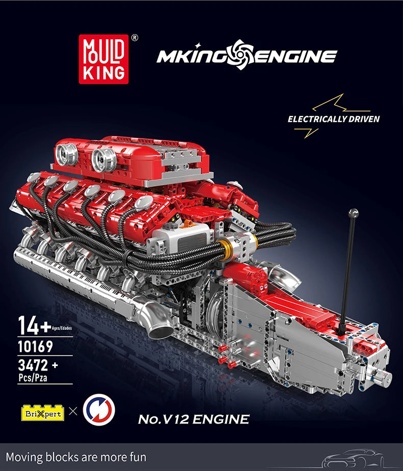 Mould King 10169 conjunto de bloques de construcción de motor motorizado V12, juego de ladrillos de coche de carreras