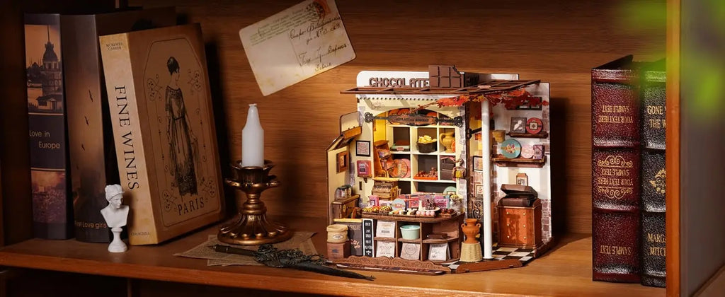 Robotime Rolife Henry's Chocolate DIY Kit de casa en miniatura Kit de construcción de modelo de casa de muñecas de madera con regalos artesanales LED para adultos