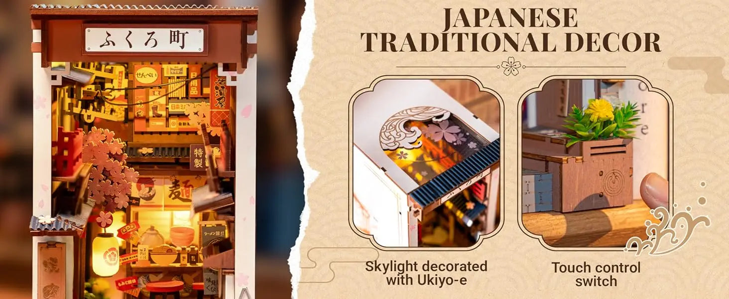 Robotime Sakura Wine Alley DIY Booknook con luces DIY casa de muñecas en miniatura Kit 3D rompecabezas de madera sujetalibros estantería decoración regalo