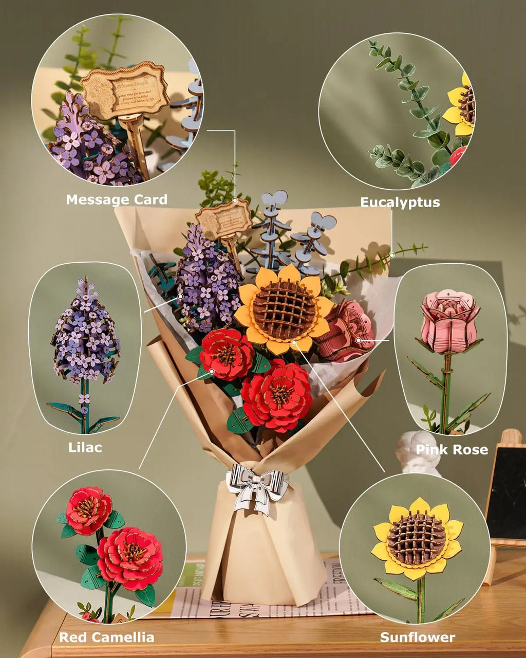 Robotime Rowood Ramo de flores de madera Rompecabezas de madera 3D Kits de manualidades de madera para adultos Decoración del hogar
