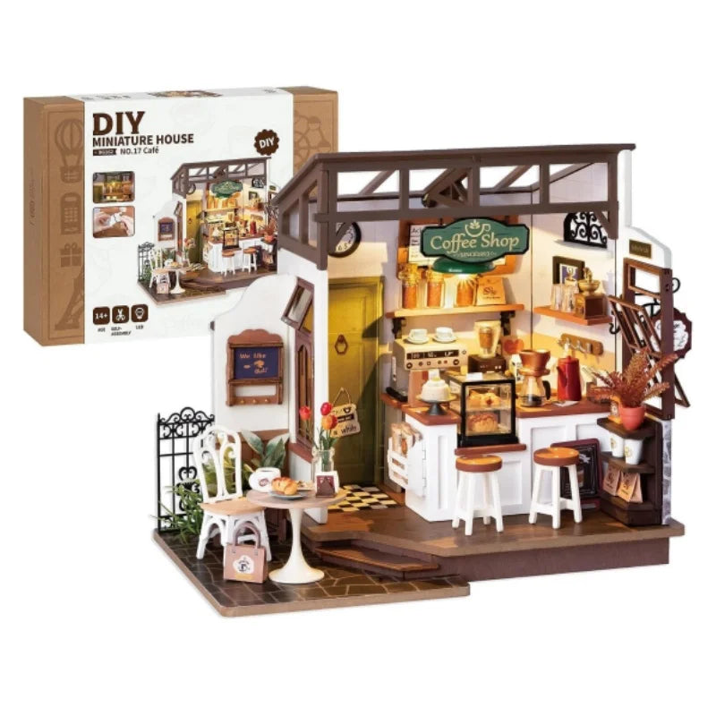 Robotime-casa de muñecas de madera para niños y adultos, conjunto de construcción con muebles en miniatura, LED, café NO.17