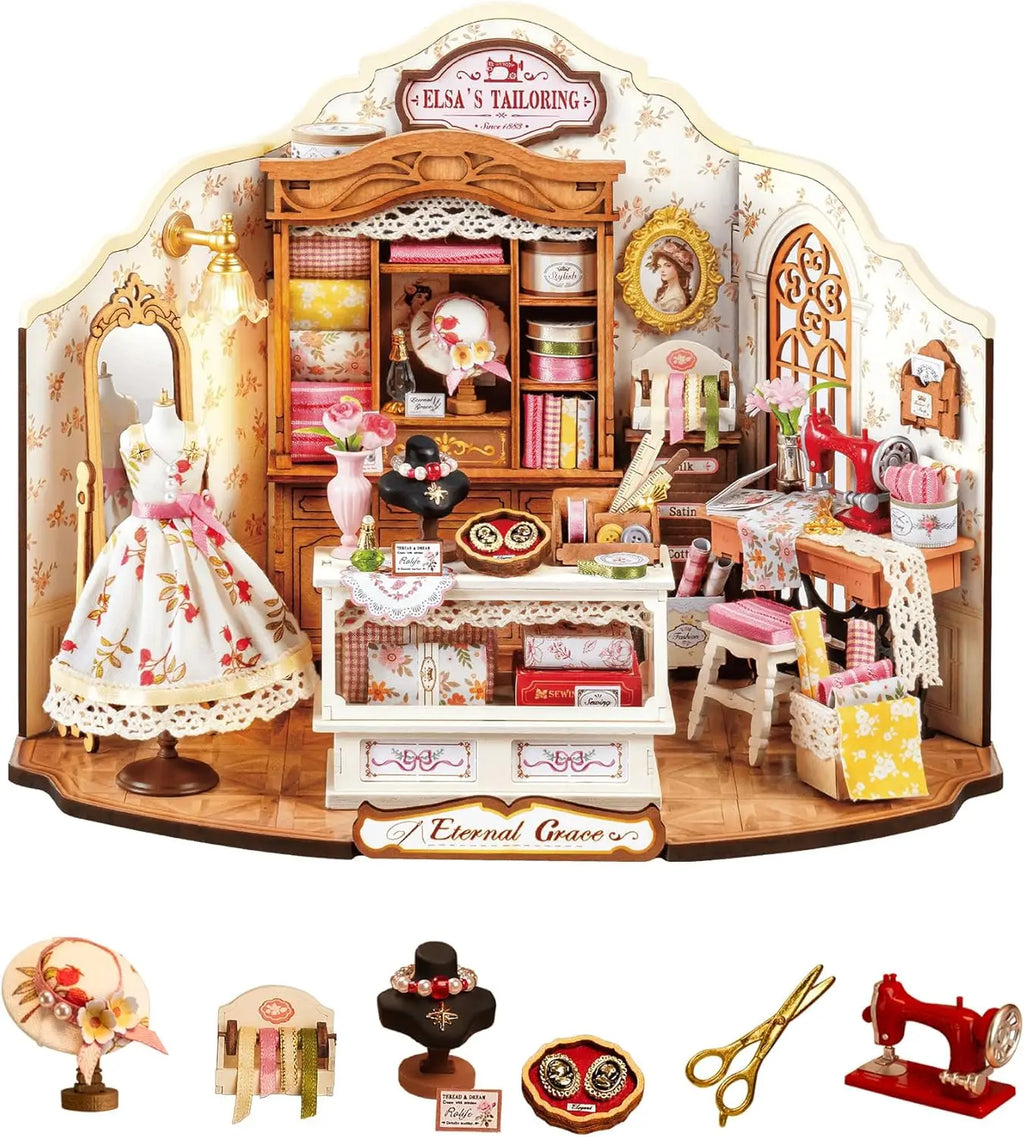 Robotime-Kit de casa en miniatura DIY, sastrería de Elsa, Kit de construcción de casa de muñecas a escala 1:18, estantería antigua, artesanías de exhibición para adultos