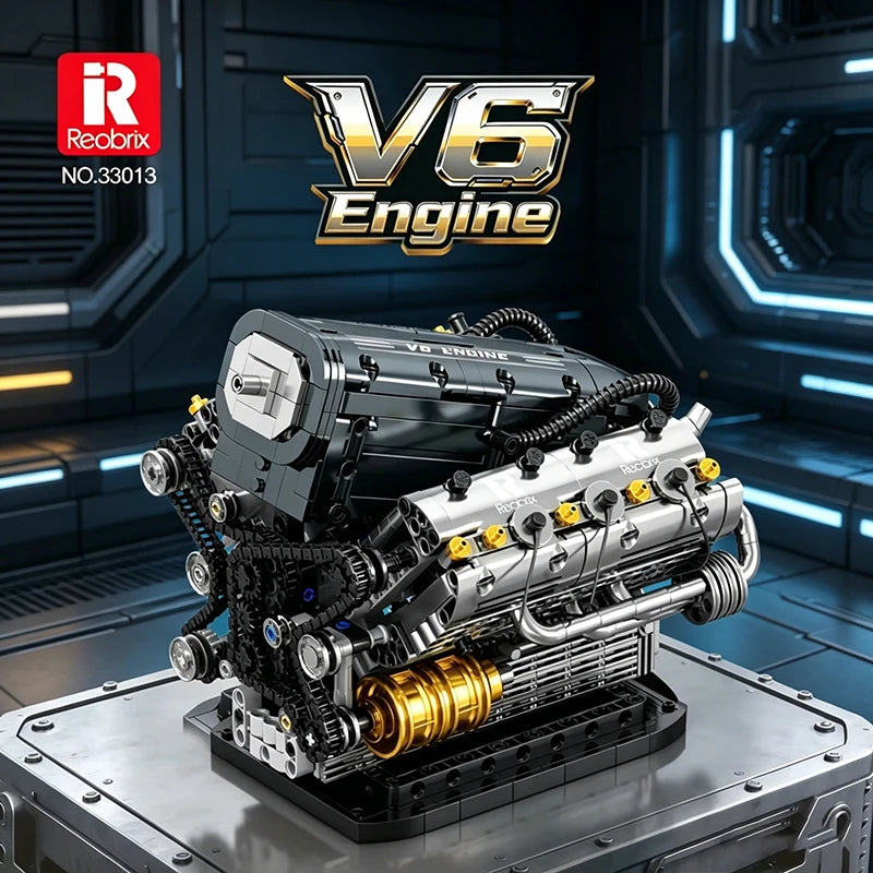 Set de Bloques de Construcción de Motor V6 con Soporte, Adorno Coleccionable para Escritorio