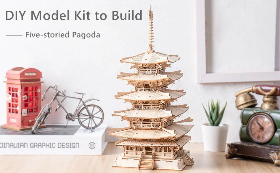 Robotime-rompecabezas 3D de Pagoda de cinco pisos para niños y adultos, Kit de construcción de modelo de madera artesanal, el mejor regalo