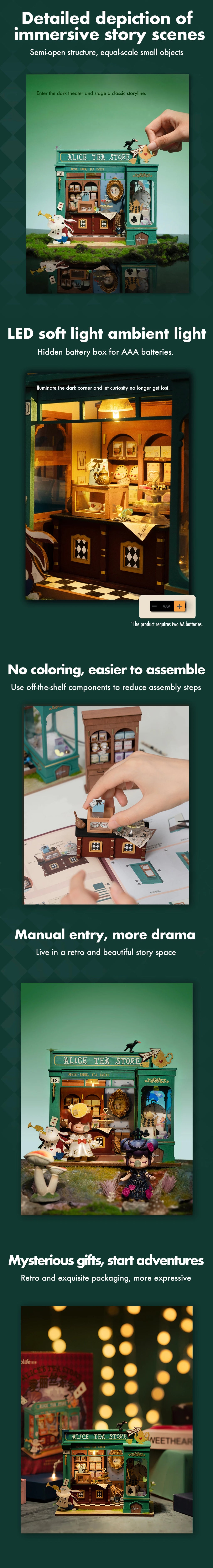 Robotime Rolife-casa de muñecas educativa, Kit de casa en miniatura DIY, casa de muñecas de madera, tienda de té de Alicia, regalos para niñas