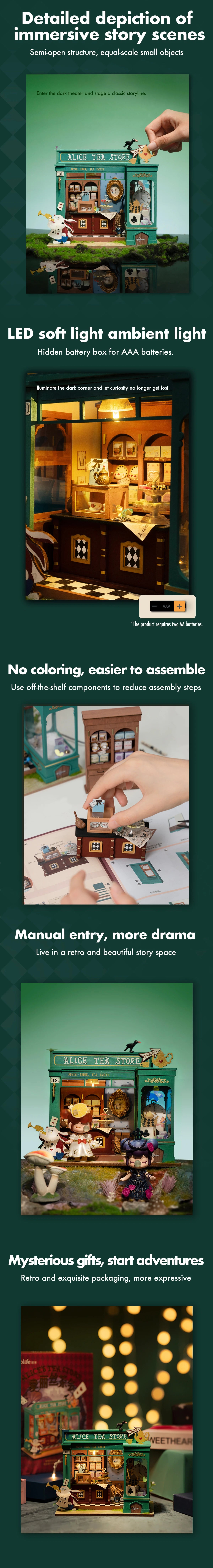 Robotime Rolife-casa de muñecas educativa, Kit de casa en miniatura DIY, casa de muñecas de madera, tienda de té de Alicia, regalos para niñas