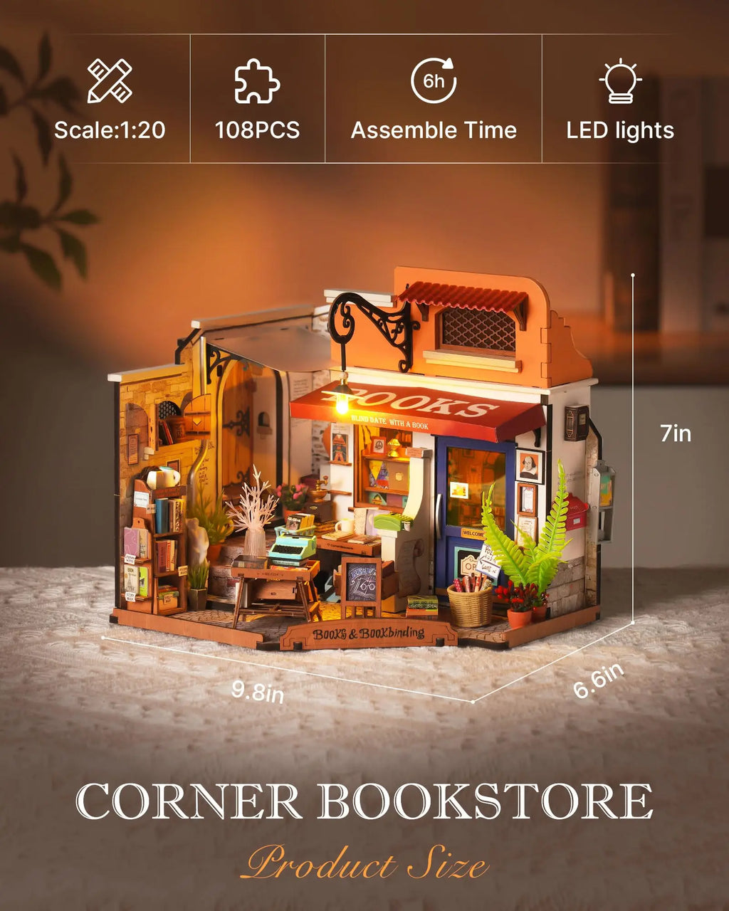Robotime Kit de casa en miniatura, librería de esquina para casa de muñecas DIY con LED, kits de manualidades para casa de muñecas para adultos, cumpleaños para mujeres y niños