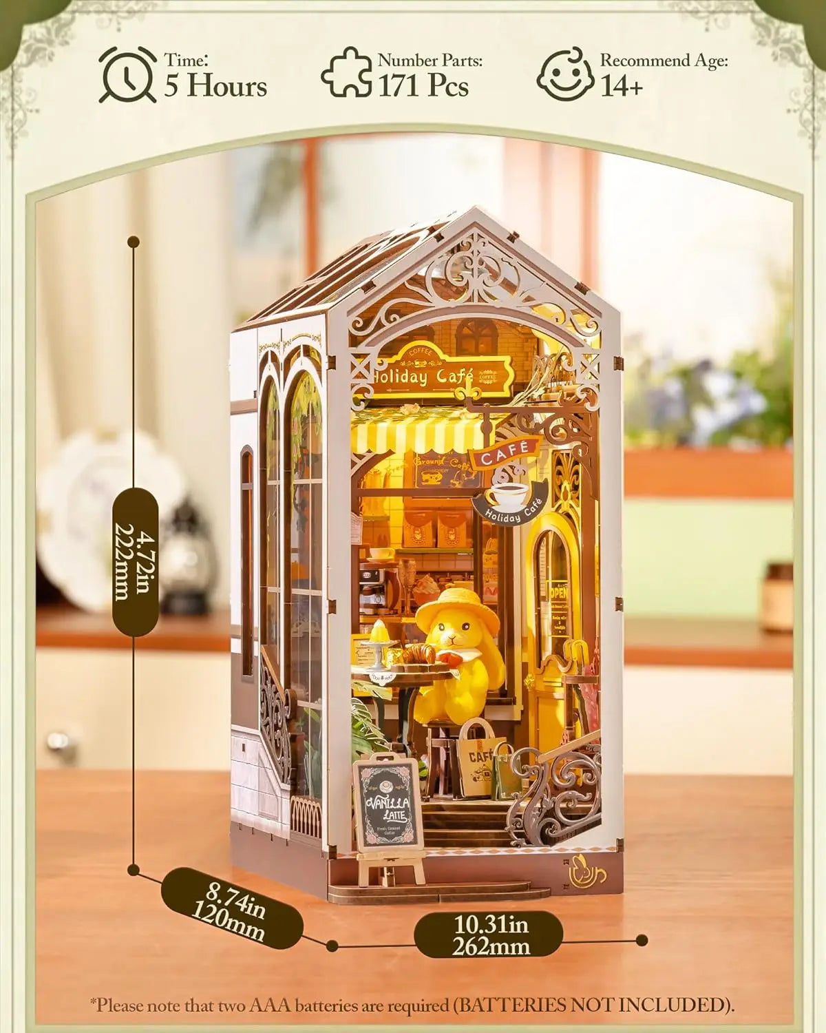 Robotime Rolife Book Nook Kits, Cafetería Navideña, Kit de Casa en Miniatura con Luces, Rompecabezas 3D de Madera, Regalo para Librerías, TGB15