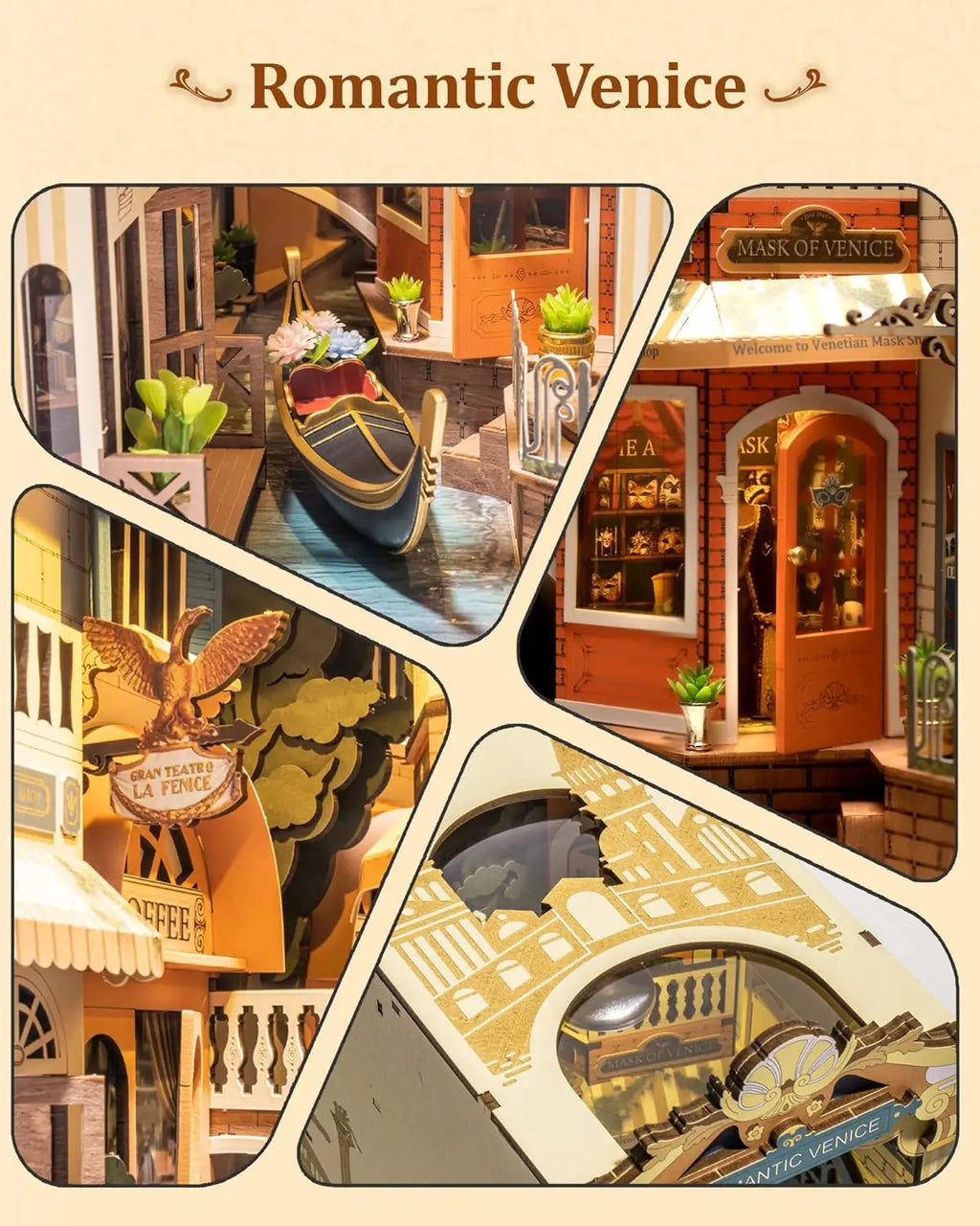 Kits Robotime Book Nook, Venecia Romántica con Luces LED, Rompecabezas 3D de Madera, Sujetalibros, Casa en Miniatura para Adultos