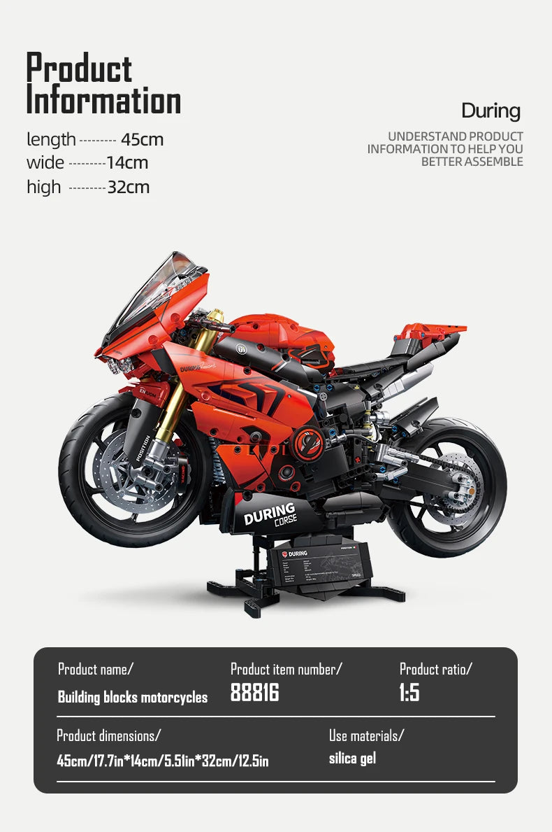 ToylinX-Juego de bloques de construcción de motocicletas 1:5, 2024 Uds., modelo de súper moto de carreras técnicas