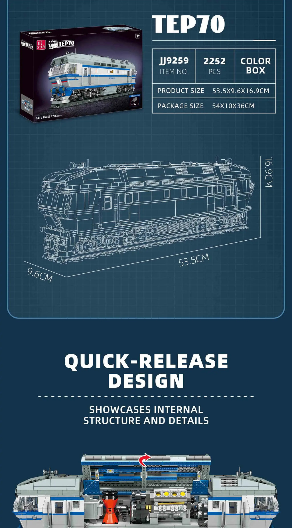 Jiestar JJ9259 Locomotora Diésel TEP70 Tren Ferroviario con Luz, Kit de Construcción de Modelos