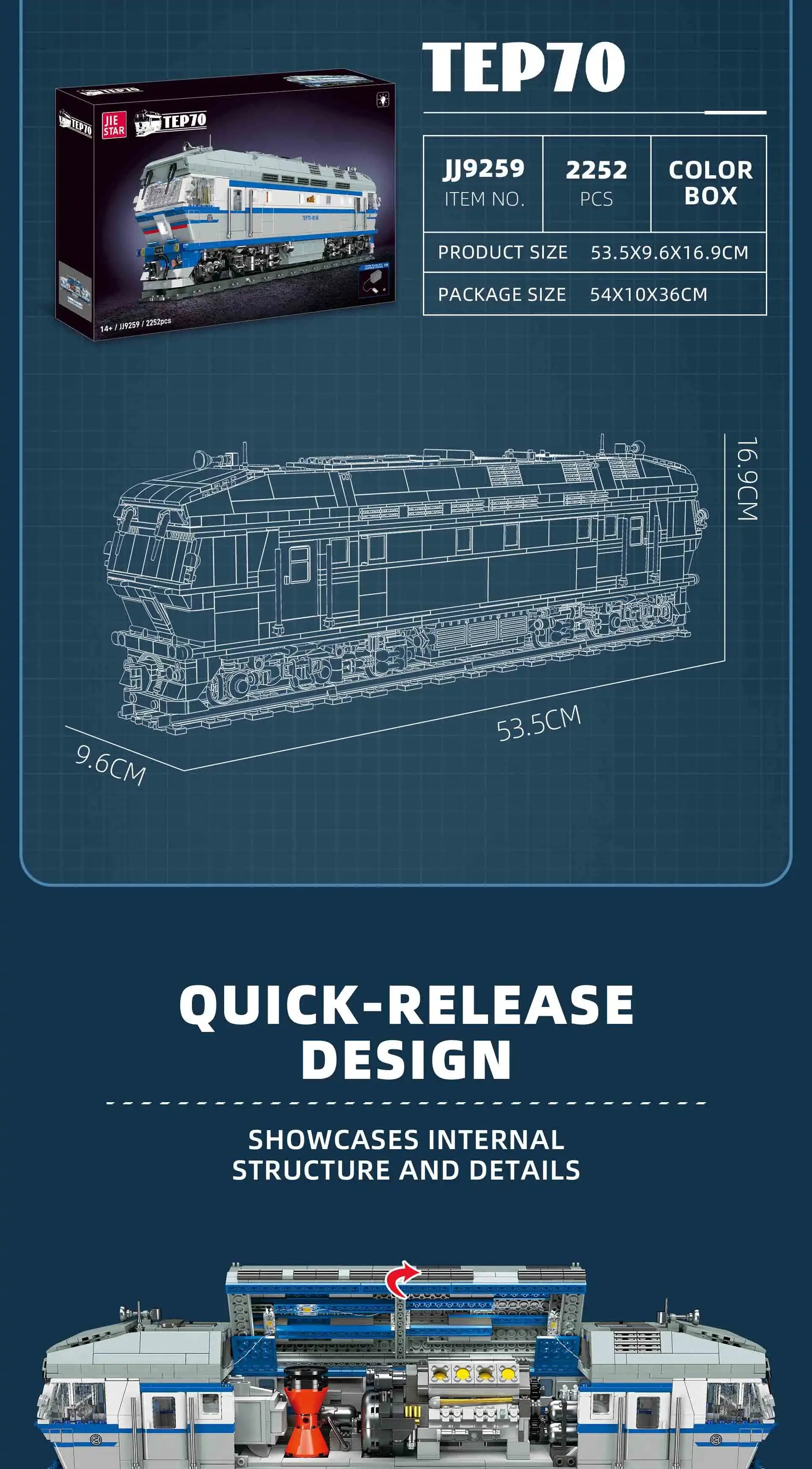 Jiestar JJ9259 Locomotora Diésel TEP70 Tren Ferroviario con Luz, Kit de Construcción de Modelos