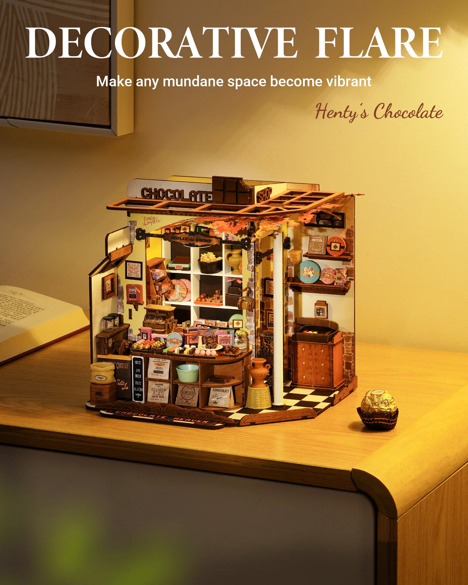 Robotime Rolife Henry's Chocolate DIY Kit de casa en miniatura Kit de construcción de modelo de casa de muñecas de madera con regalos artesanales LED para adultos