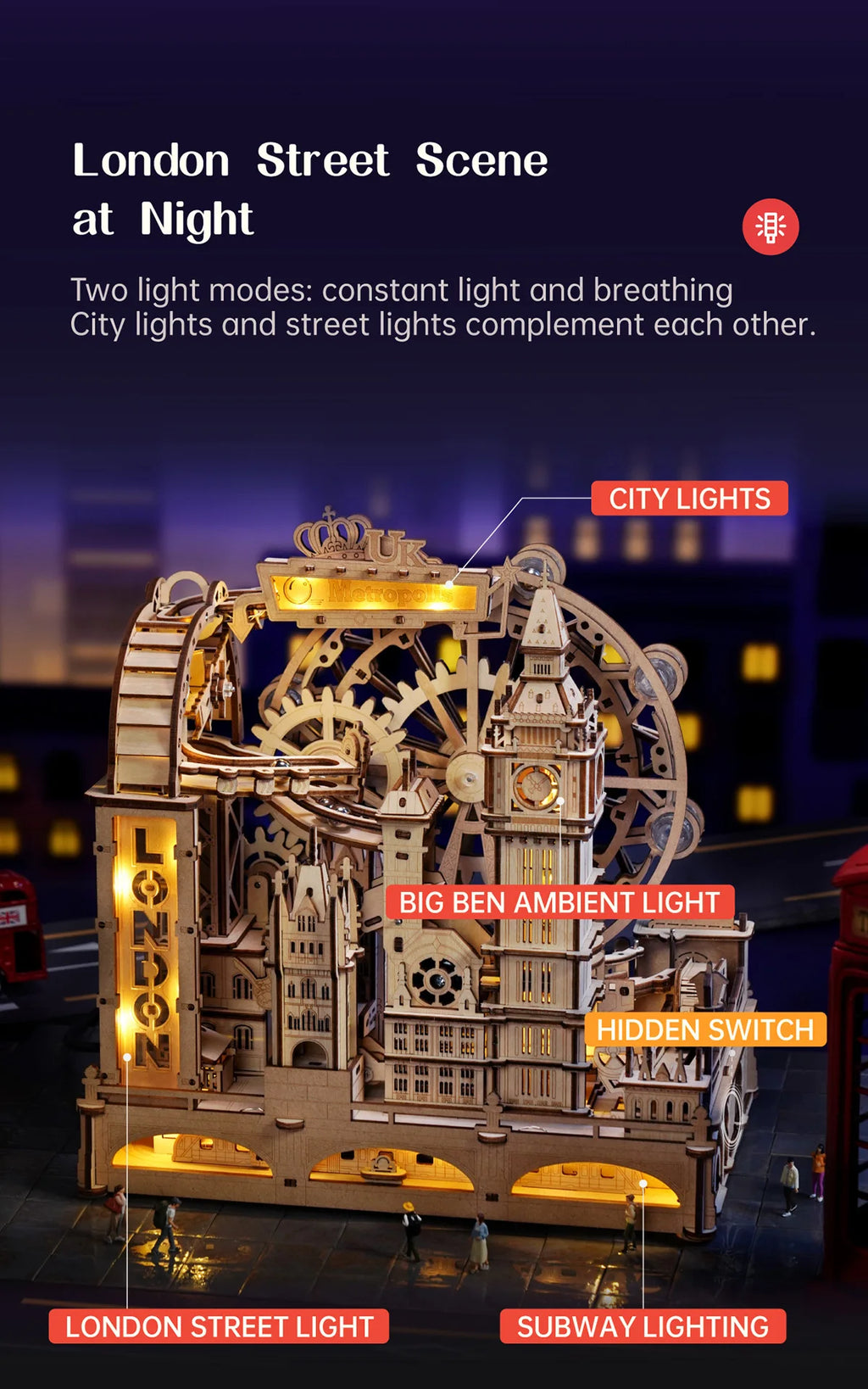 Robotime-rompecabezas de madera 3D, Kit de construcción de mármol, modelo de ciudad de Londres con luces, rompecabezas mecánico DIY para adultos y adolescentes