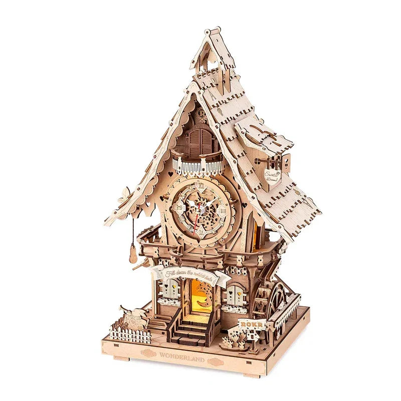 Robotime Rokr-rompecabezas de madera 3D, Kit de reloj de cuco, estilo bosque negro con pájaro de trabajo, Kit de modelo de reloj DIY para niños y adultos
