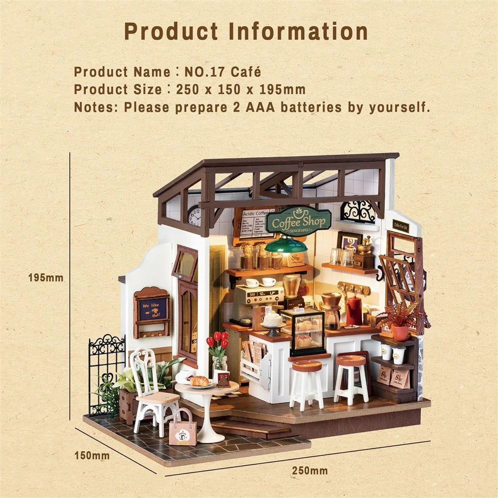 Robotime-casa de muñecas de madera para niños y adultos, conjunto de construcción con muebles en miniatura, LED, café NO.17