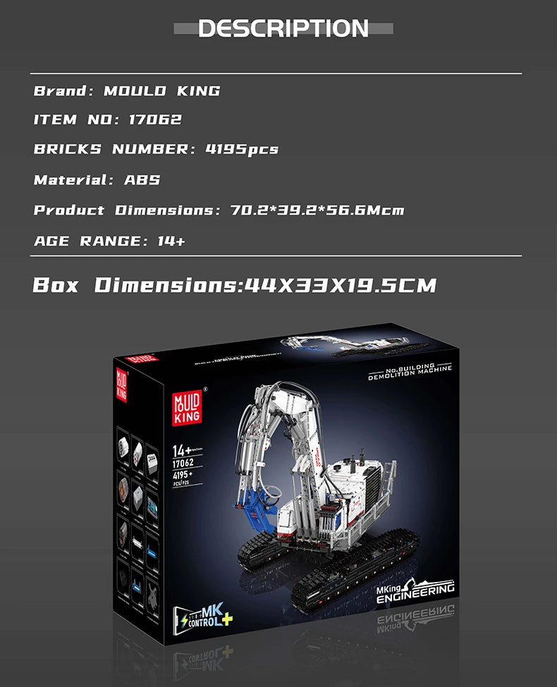 Mould King 17062 camión técnico de juguete, máquina de demolición de construcción RC, montaje de bloques de construcción, coche de ladrillo
