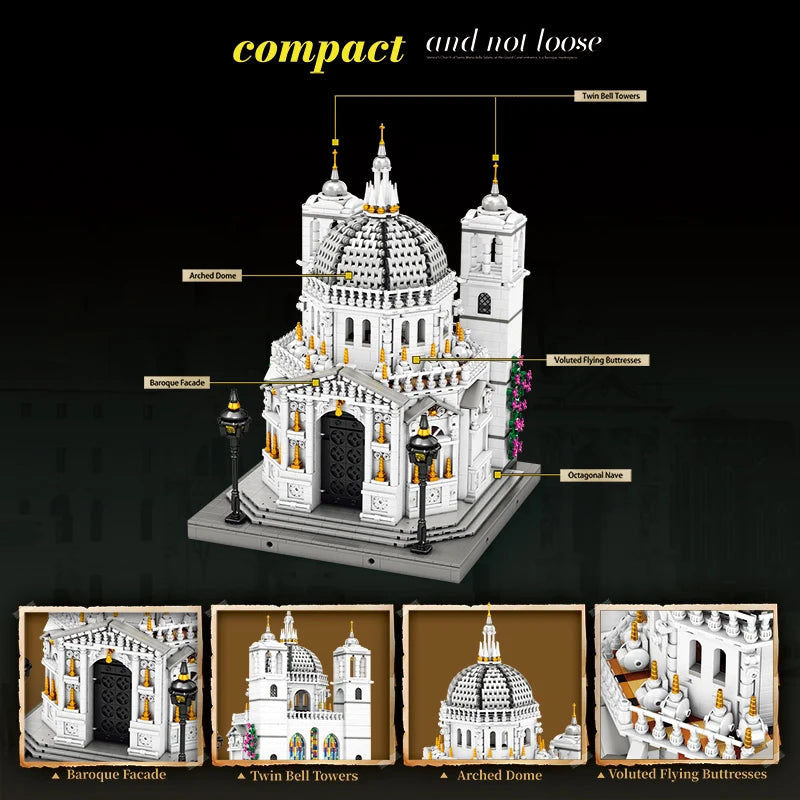 Juego de bloques de construcción de iglesia de Venecia, modelo de punto de referencia arquitectónico con luces LED
