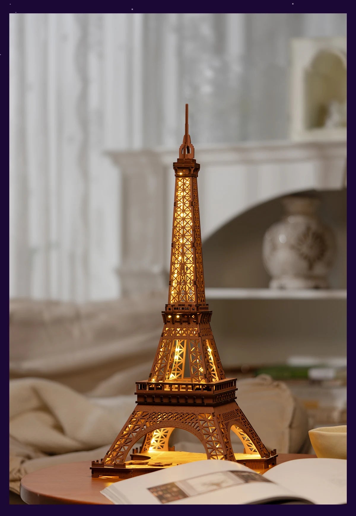 Robotime-Juego de rompecabezas de madera 3D, noche de la Torre Eiffel, modelos 1:638 para niños y adultos, Kits de manualidades DIY, regalo DIY con luz