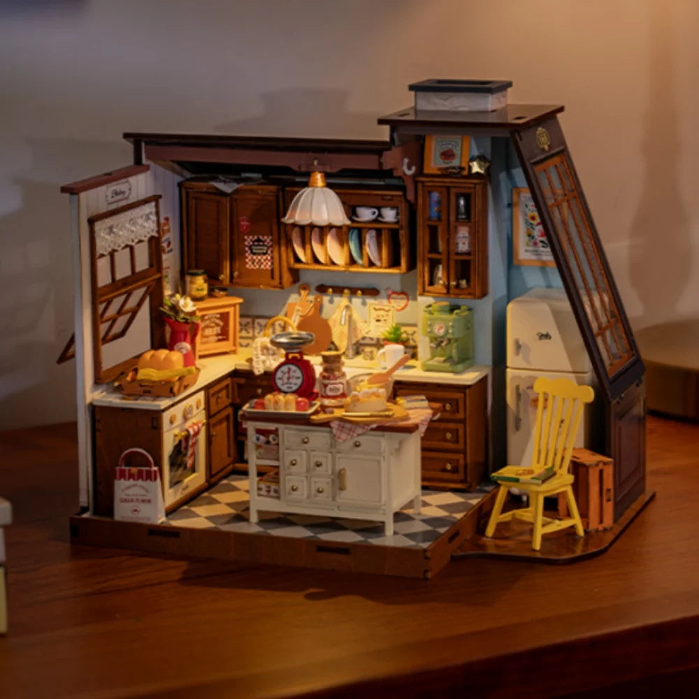 Robotime Rolife, cocina para hornear, Kit de casa de muñecas en miniatura DIY, manualidades, pasatiempos, regalo increíble para mujeres y niños DG172