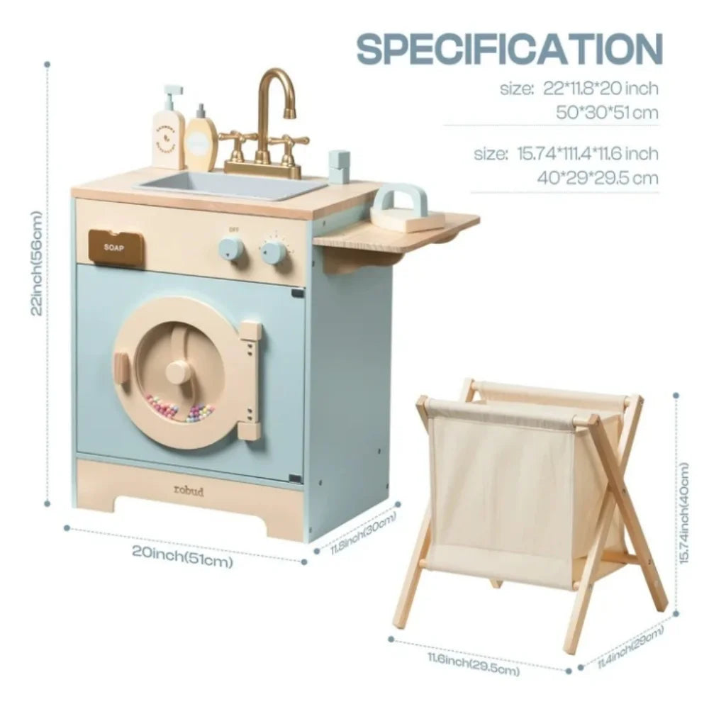 Robotime Robud Lavadora de cocina Playset Juego de simulación Lavadora de juguete con cesta de ropa Hierro y fregadero para niños de 3 años + Azul