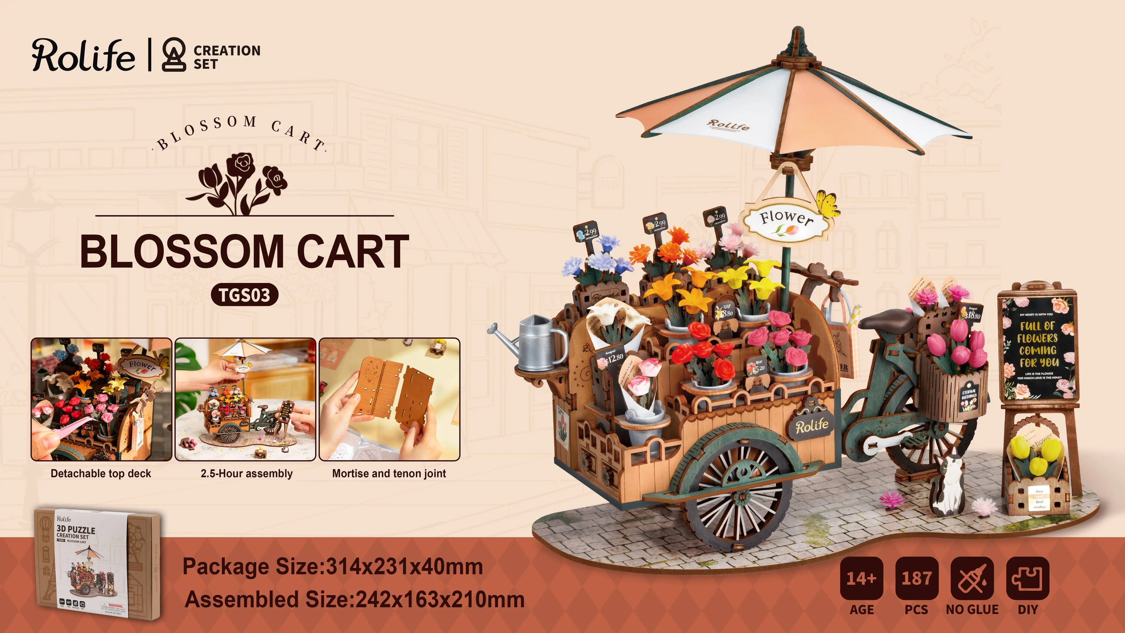 Robotime Rompecabezas de madera 3D Kit de carrito de flores Decoración Manualidades Regalos Kits de modelos para adultos Mujeres Niñas Niños