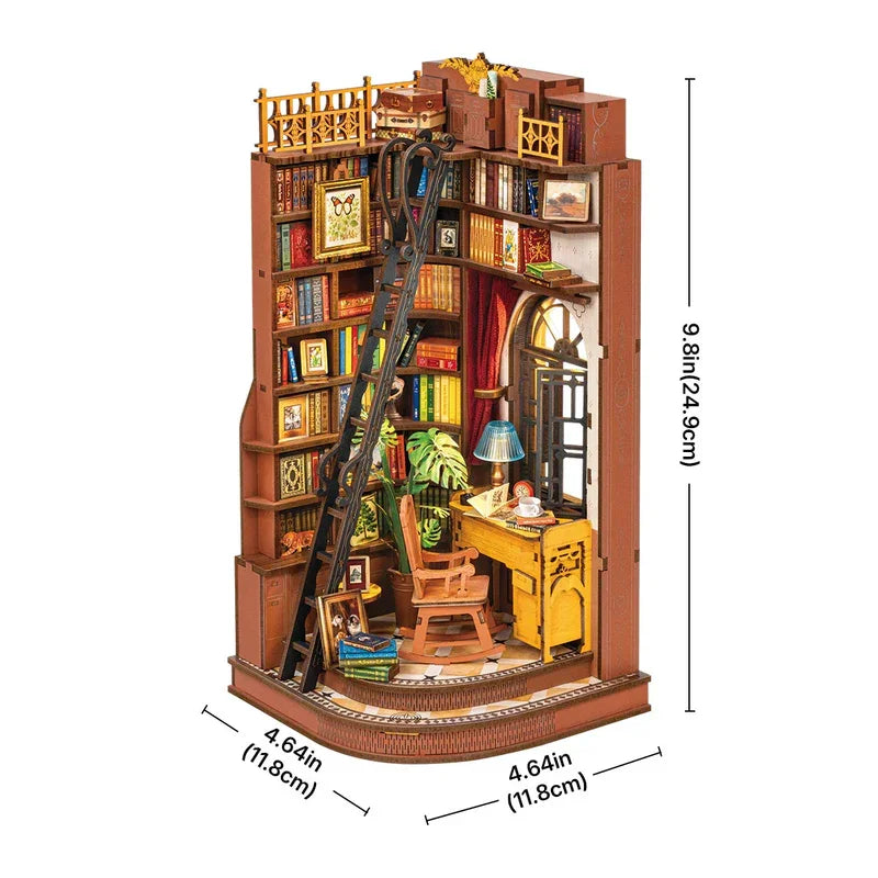 Robotime Rolife, estudio de esquina silencioso, bricolaje, rincón de libros, estante de inserción, casa de muñecas en miniatura de madera para estantería, muebles de inserción TGE02