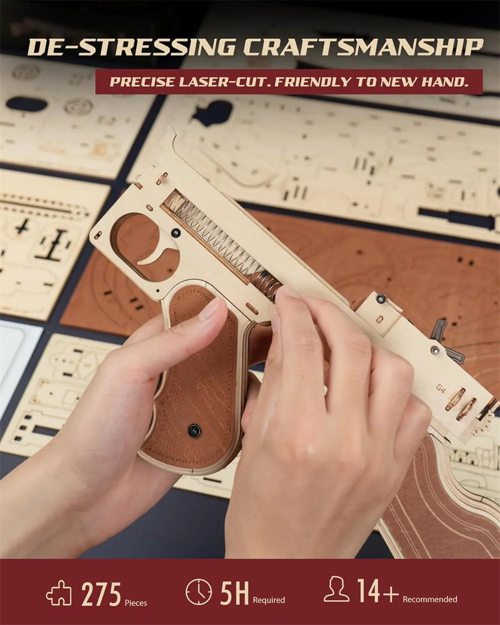 Robotime Rompecabezas de madera 3D Thompson Submetralete Juguete Modelo Kits de construcción con banda de goma para adultos