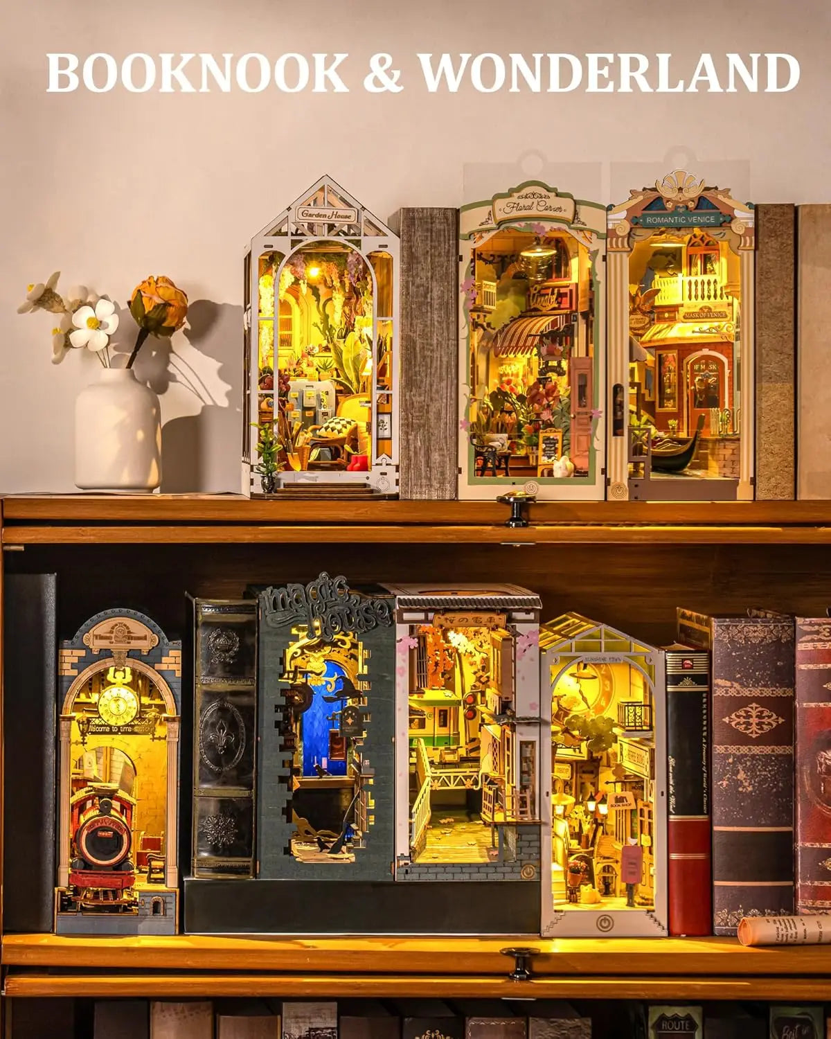 Kits Robotime Book Nook, Venecia Romántica con Luces LED, Rompecabezas 3D de Madera, Sujetalibros, Casa en Miniatura para Adultos