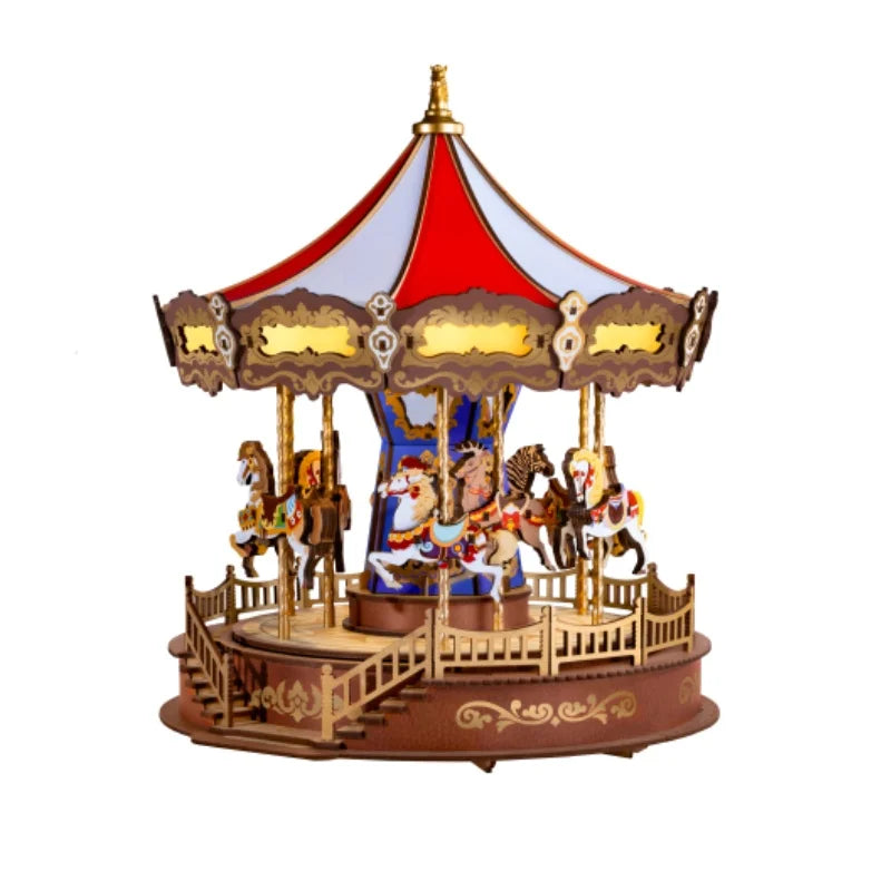 Robotime-carrusel de rompecabezas de madera 3D, caja de música con luces LED, modelo de engranaje, Kits de artesanía de construcción, regalos de navidad para adultos