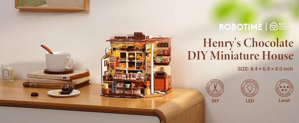 Robotime Rolife Henry's Chocolate DIY Kit de casa en miniatura Kit de construcción de modelo de casa de muñecas de madera con regalos artesanales LED para adultos