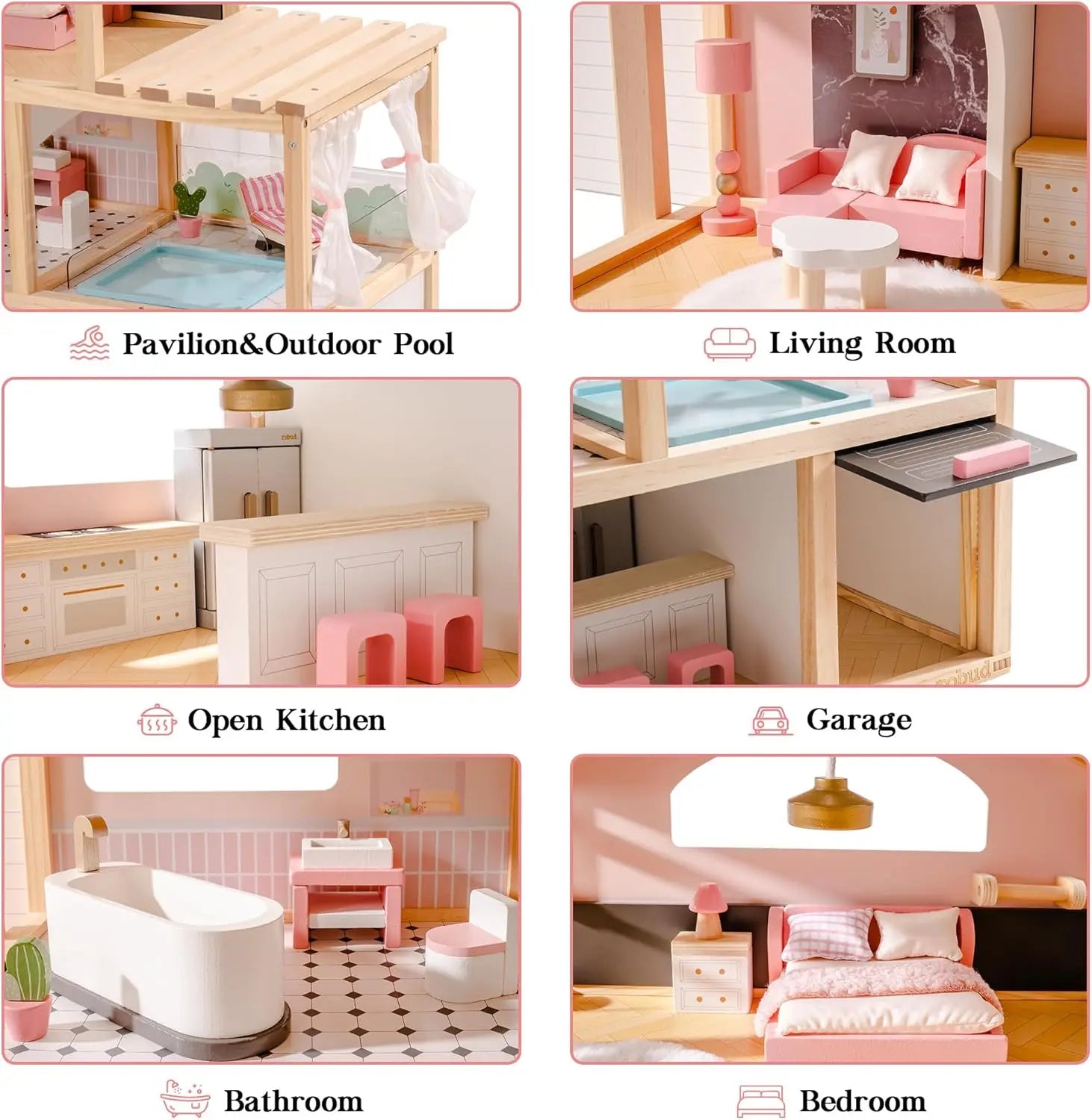 Robotime Robud Casa de muñecas de madera, 6 habitaciones con juego de muebles de 29 piezas, elevador de trabajo, garaje, piscina, regalo Ideal para niños y edades