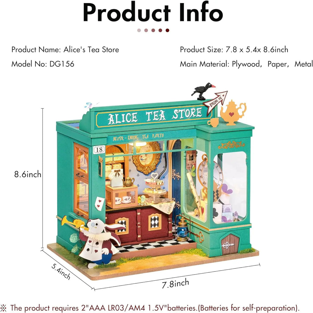 Robotime Rolife-casa de muñecas educativa, Kit de casa en miniatura DIY, casa de muñecas de madera, tienda de té de Alicia, regalos para niñas