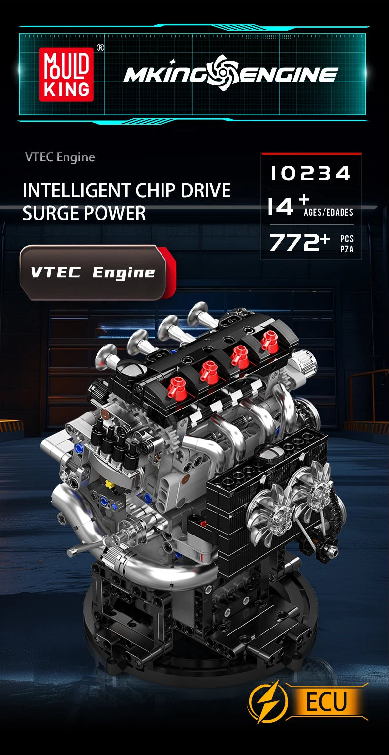 Mould King 10234 juguetes técnicos de motor de coche, conjunto de bloques de construcción de motor VTEC motorizado