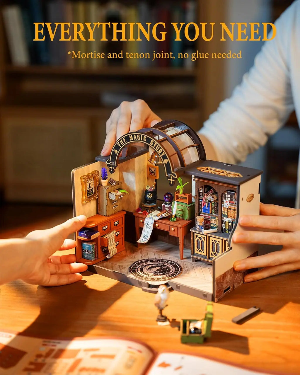Robotime-Kit de casa en miniatura DIY, kit de estudio mágico con LED y muebles, Kit de construcción de modelo de casa de muñecas de madera, regalo para adultos