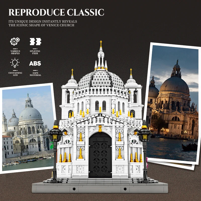 Juego de bloques de construcción de iglesia de Venecia, modelo de punto de referencia arquitectónico con luces LED