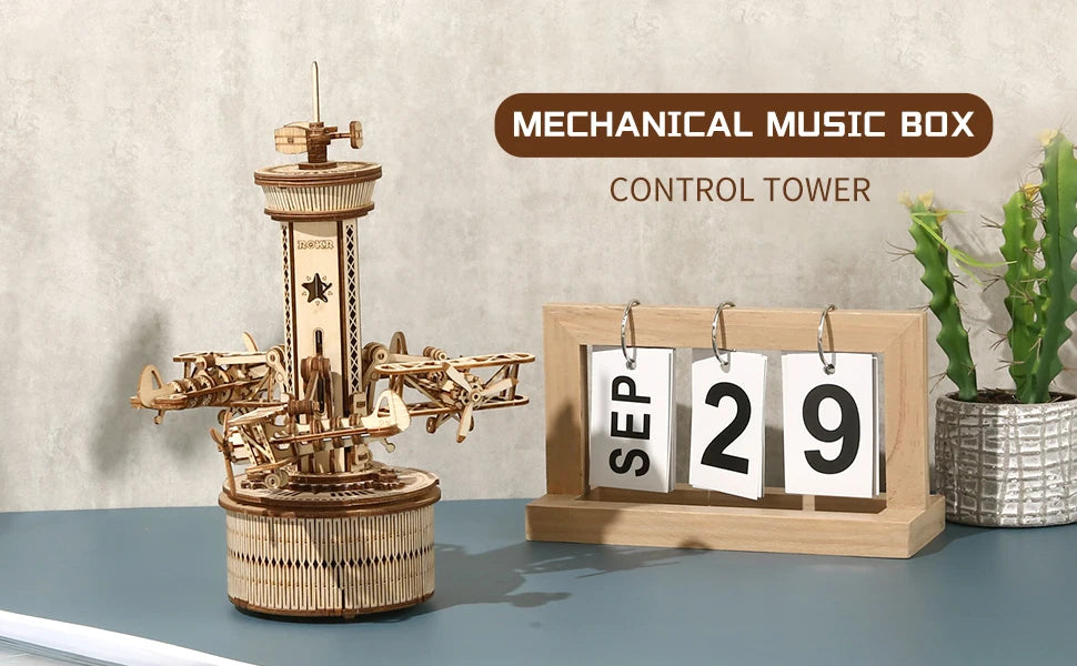 Robotime Roker-rompecabezas de madera 3D para adultos, Kit de modelo de caja Musical DIY para construir un Kit de construcción de autoensamblaje, torre de Control de avión