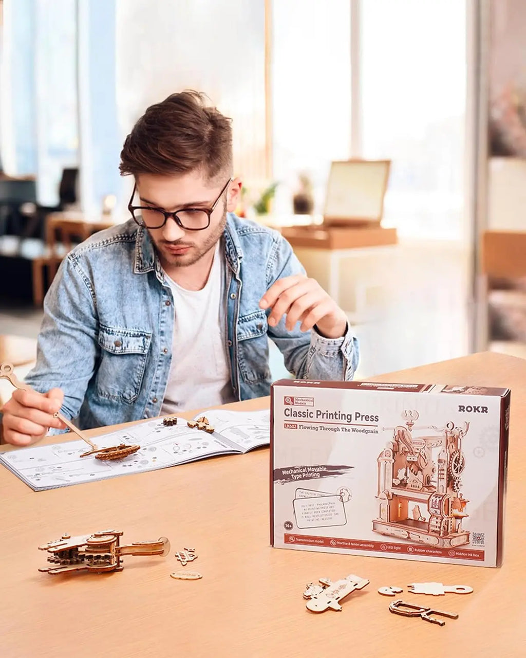Robotime rokr Kits de modelos de rompecabezas de madera 3D Prensa de impresión clásica Engranajes mecánicos para adultos