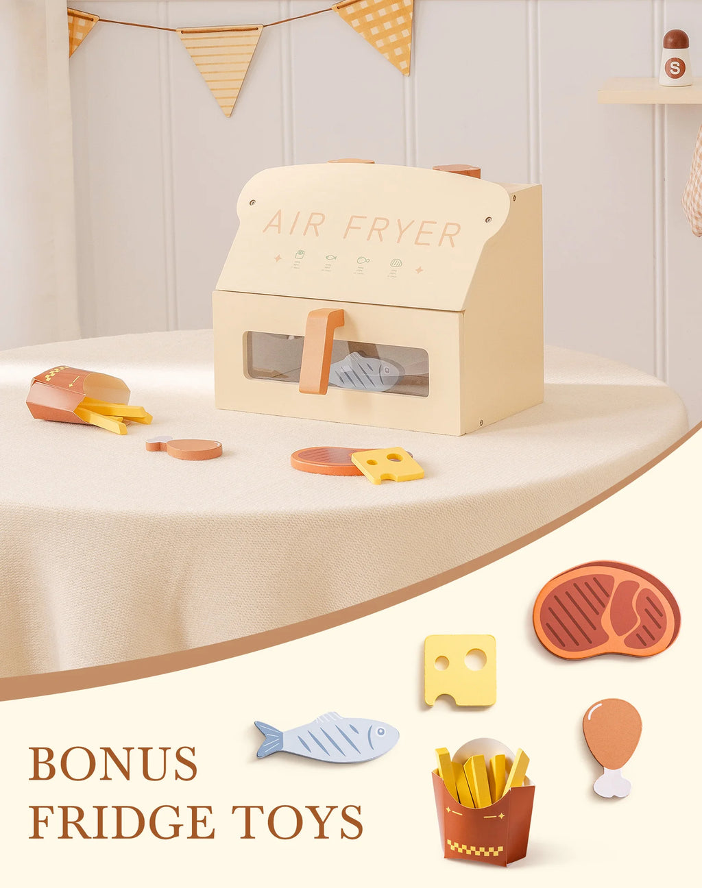 Robotime Robud freidora de aire de madera juego de cocina con accesorios cocinar comida regalo para niños niñas color crema