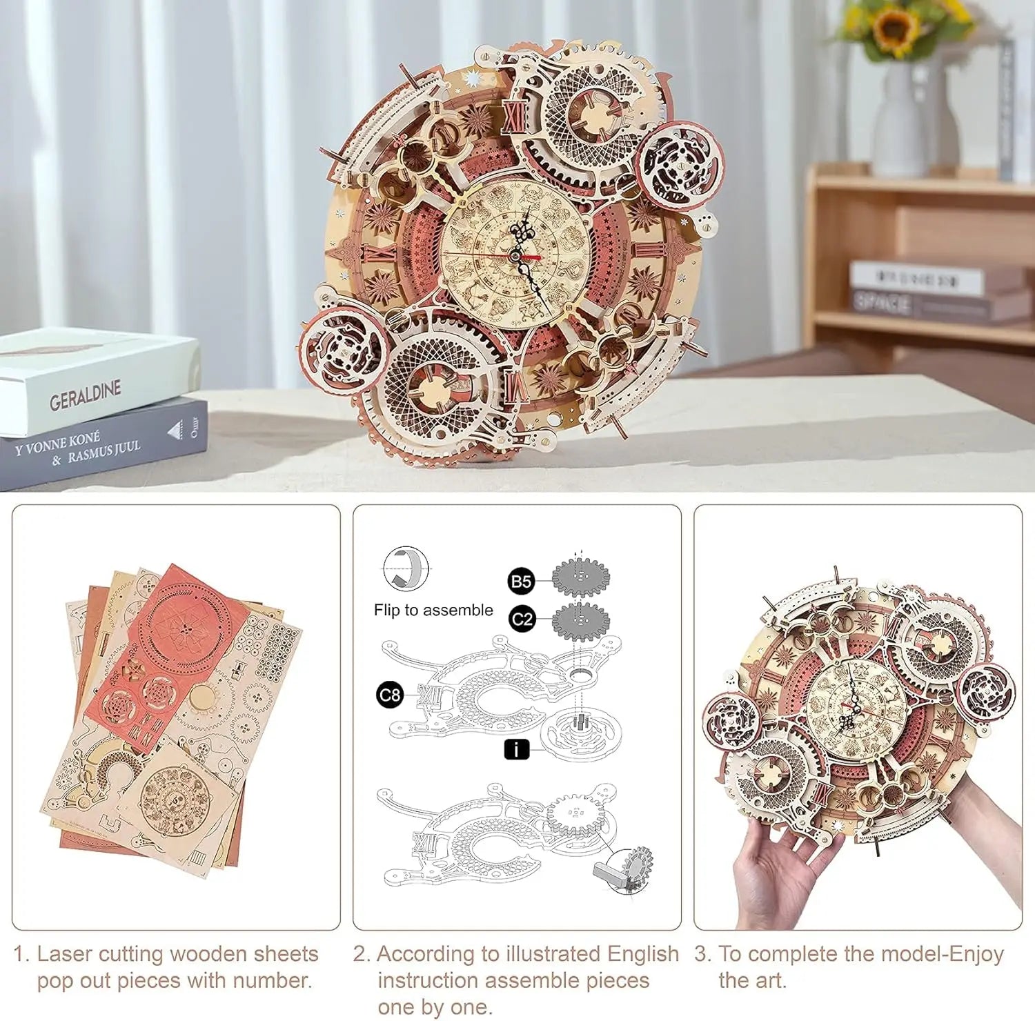 Robotime Reloj de pared Rompecabezas de madera 3D Juego de madera Kits de construcción mecánica Juego de rompecabezas de madera Regalo para niños El mejor regalo de Navidad