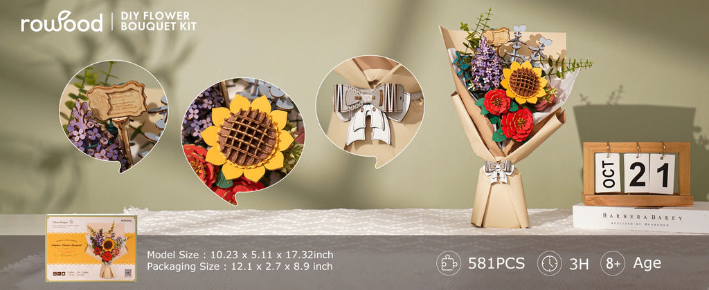 Robotime Rowood Ramo de flores de madera Rompecabezas de madera 3D Kits de manualidades de madera para adultos Decoración del hogar